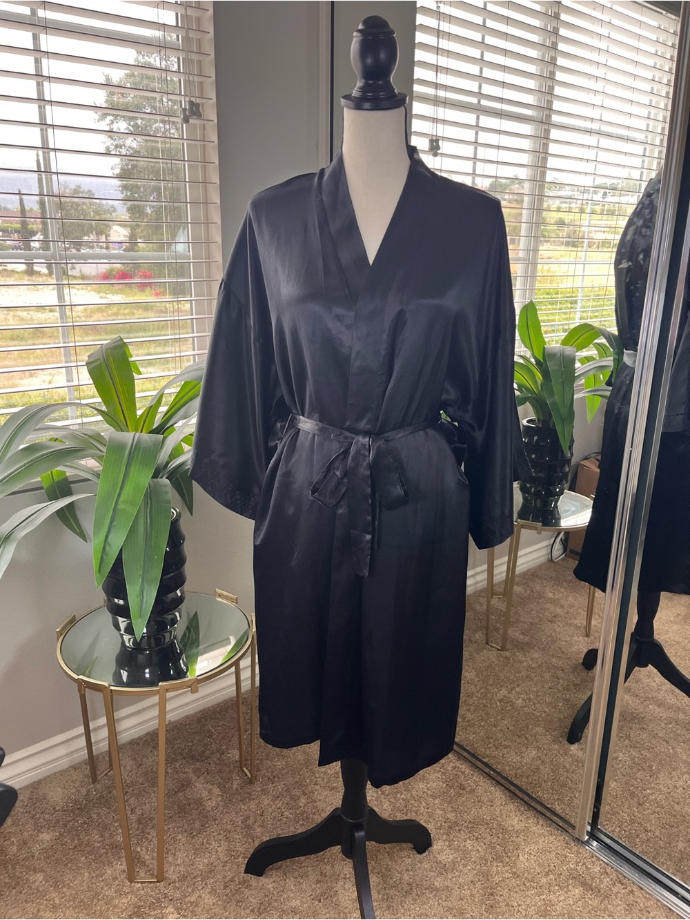 Classic Black Satin Kimono Robe with Tie Belt Size Small